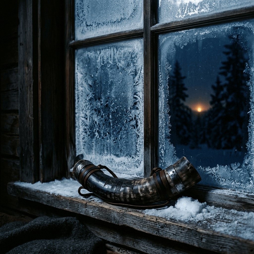 Curved rustic horn resting on a snow-covered sill before a frosted window